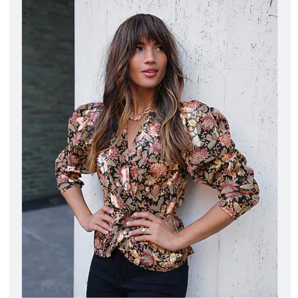 Express Metallic Printed Faux Wrap Font Peplum Blouse